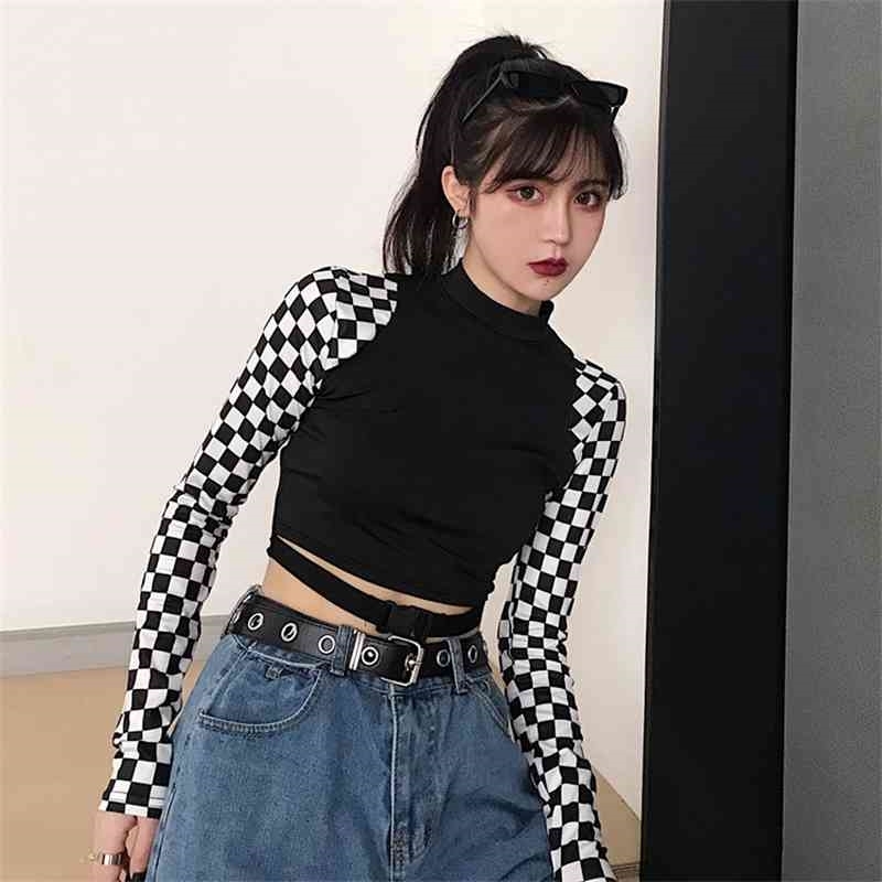 Korean Harajuku Cro Top T Shirt Women Plaid Checkerboard Contrast Color T-shirt Fashion Streetwear Slim Patch Tees 210519