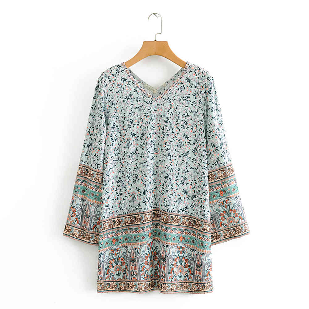 beauty Fashion Floral Print Boho Mini Summer Dress Women Holiday Chic V-neck Loose Beach Dresses Mujer Vestido 210514