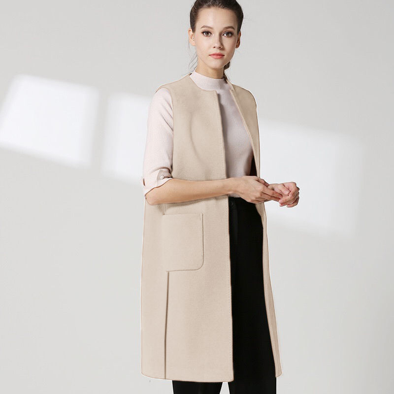 Plus Size Sleeveless Vest Cardigan Autumn Thin Woolen Women O Neck Pocket Hem Split Long Waistcoat Ladies Black Coats 210522