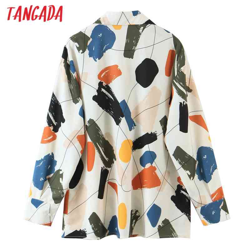 Women Retro Geometry Print Chiffon Shirt Blouse Office Lady Long Sleeve Chic Female Tops SL546 210416