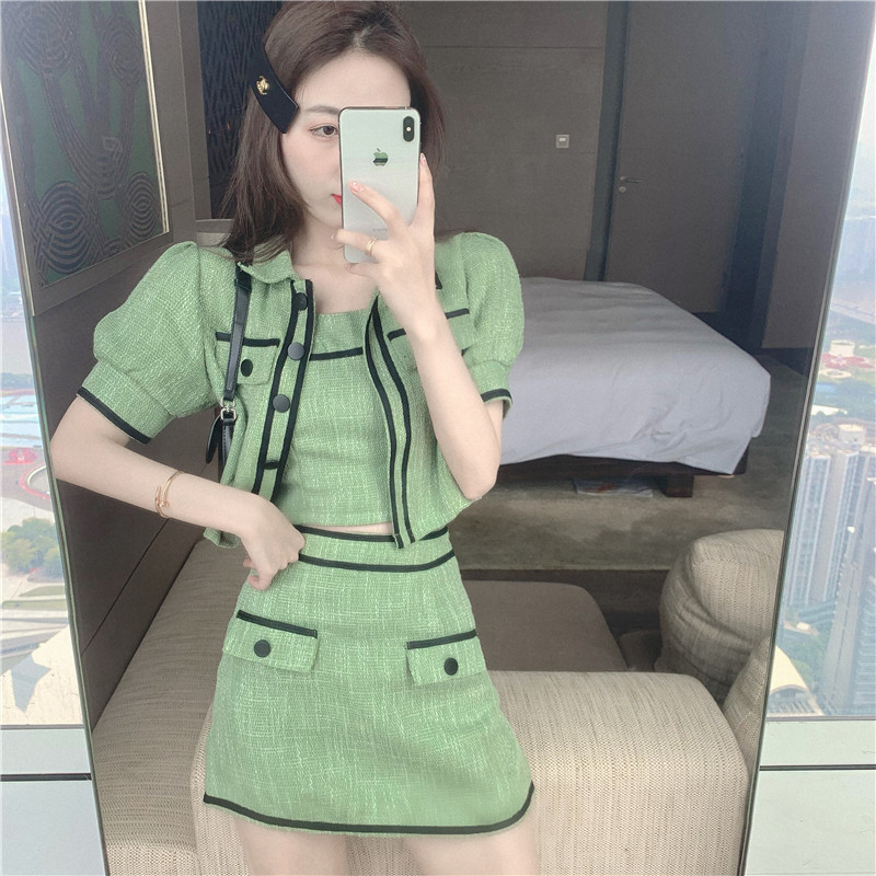 Summer Women 2 Piece Set Lady Elegant Tweed Lapel Puff Sleeve Crop Top + Sexy Vest Mini Skirt Fashion Suit 210519
