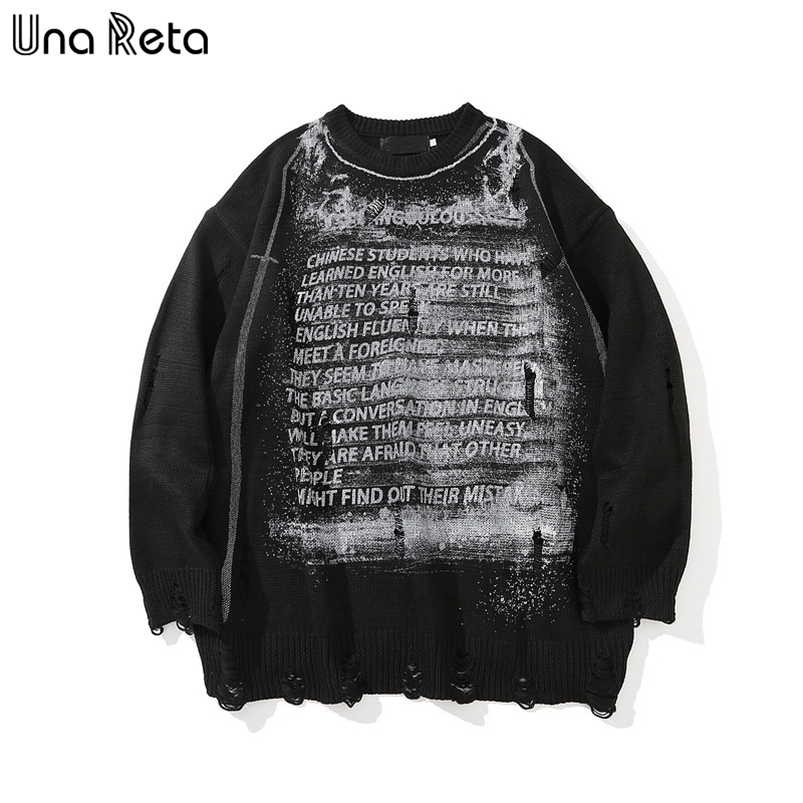 Una Reta Sweater Men Print Streetwear Men Clothes Long Sleeve Pullover Men Pull Homme Loose Hole Couple Sweater 210818