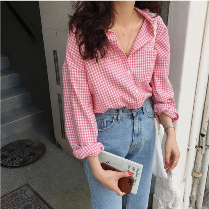 OL Elegant Pink Plaid Shirt Women Summer Blouses Loose Lapel Single-breasted Office Lady Long Sleeve Tops Blusas 210421