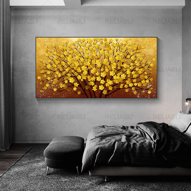 Modern Oil Painting Printed on Canvas Golden Yellow Rich Tree Flower Plant Posters and Prints Wall Picture for Living Room Decor