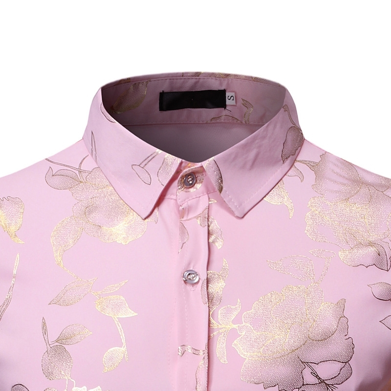 Gold Rose Print Pink Shirt Men Stylish Slim Fit Long Sleeve Mens Dress Shirts Party Wedding Club Social Shirt Chemise Homme 210410
