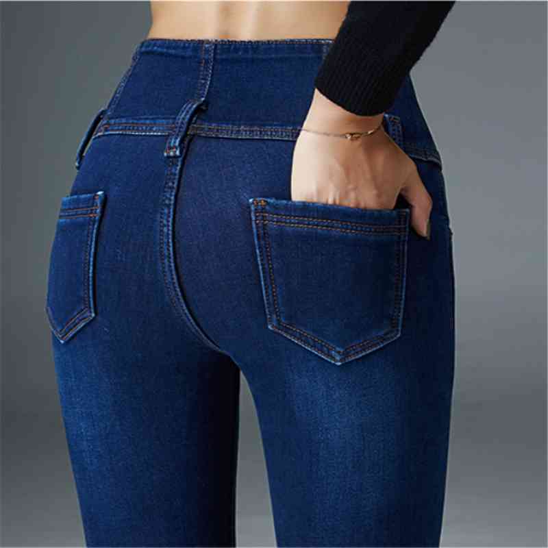 Woman's Jeans Winter Warm Elastic Plus Size Pencil Pants High Waist Black Boyfriends Mom Vintage Korean Jean Trouser 210428