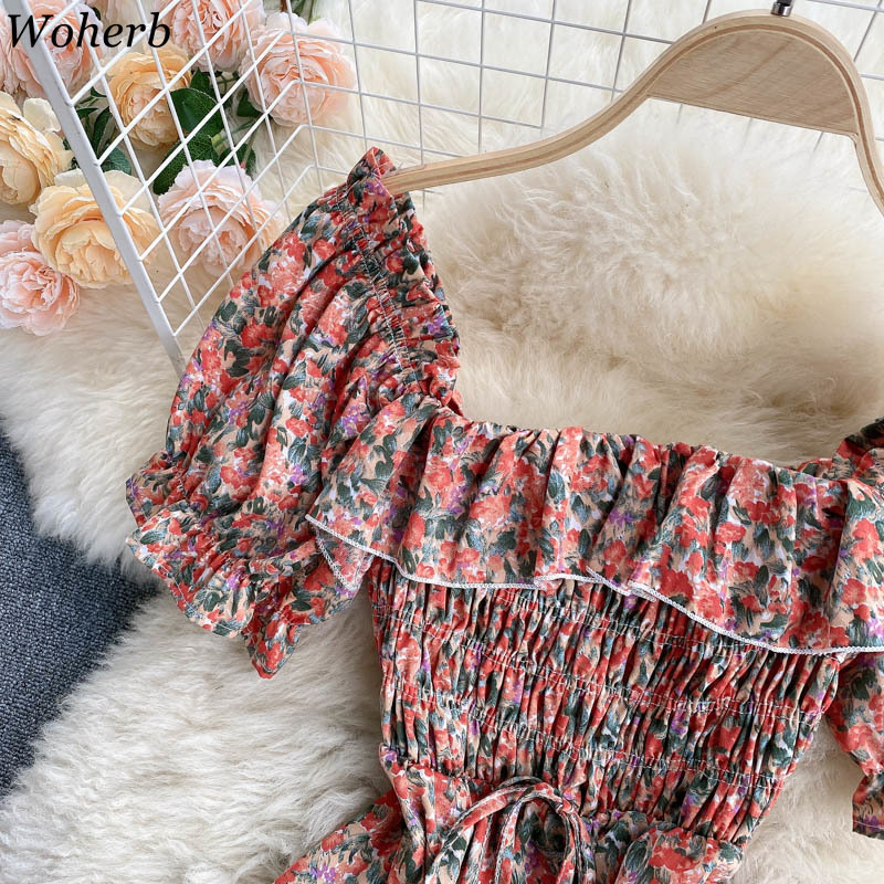 Summer Dress Flower Print Square Collar Elegant Dresses Vintage Puff Sleeve Ruffle Mini Korean Robe Vestidos 210519