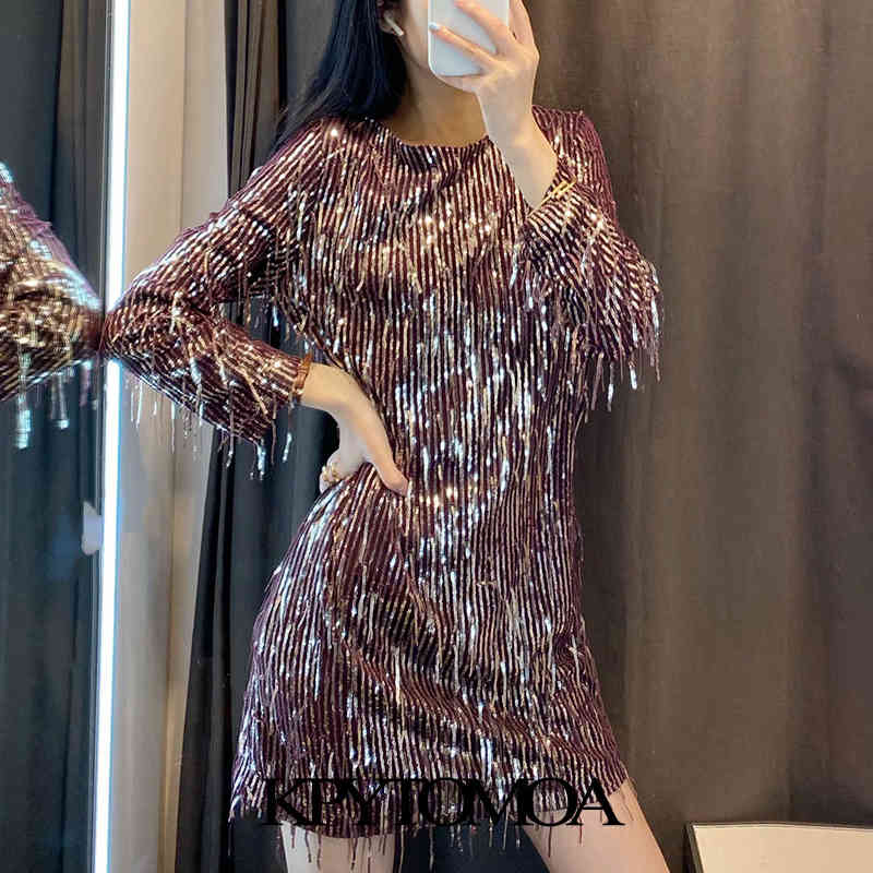 Women Chic Fashion With Fringing Sequinned Mini Dress Back Low-cut Long Sleeve Female Dresses Vestidos 210420