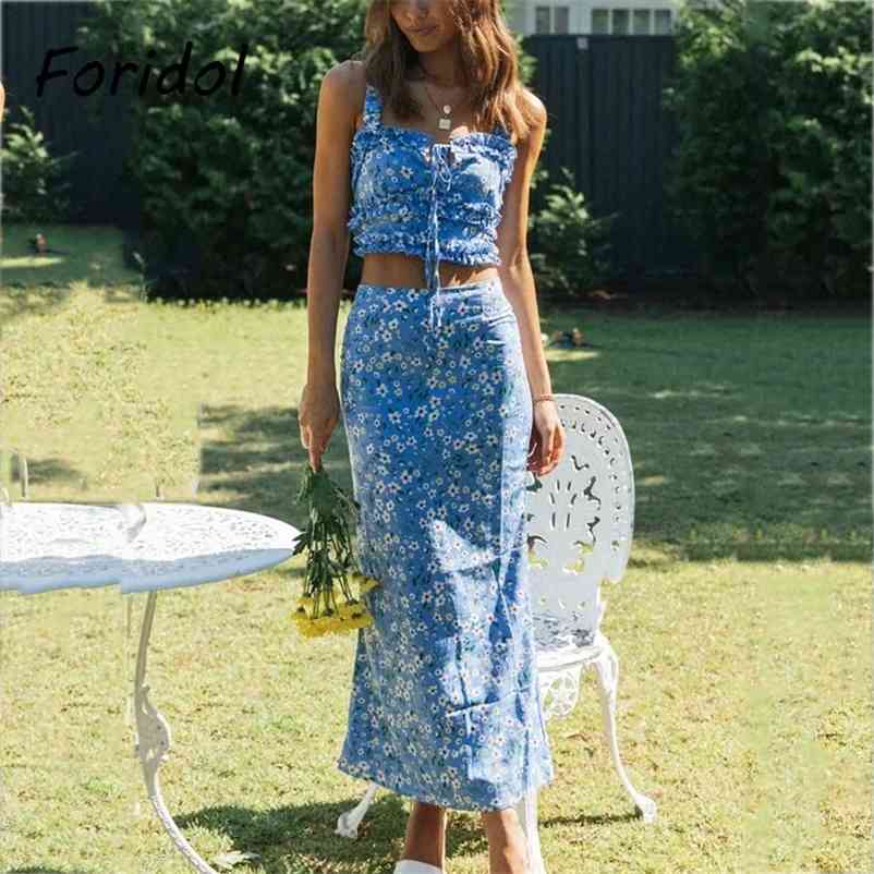 Foridol Floral Print Long Dress Set Suits Women Summer Sleeveless Boho Beach Blue Dress Casual Bodycon Australia Dress 210415