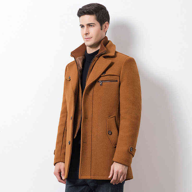 Winter Men's Casual Wool Trench Coat Fashion Business Medium Solid Thicken Slim Windbreaker Overcoat Jacket Male Plus Size 5XL 211119