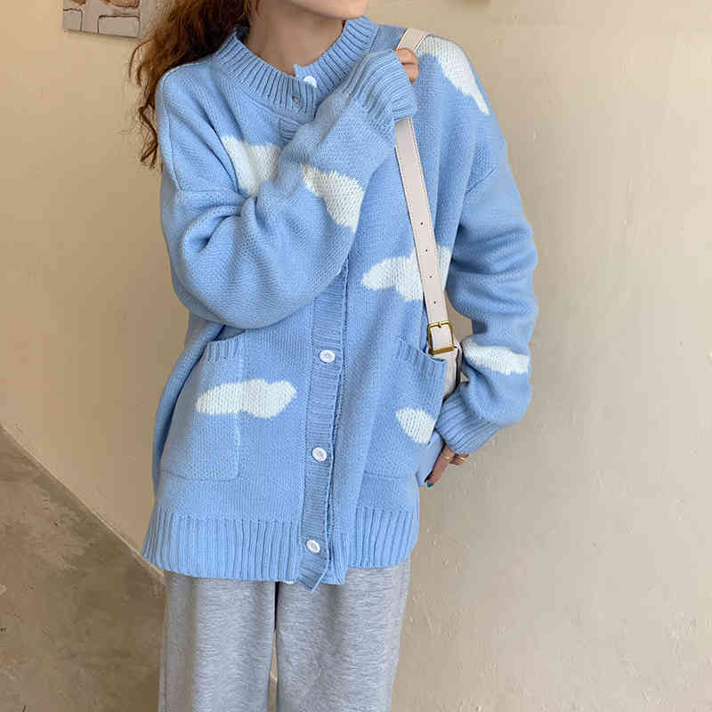 Japanese Kawaii Harajuku Cardigan Women Cloud Print Korean Loose Blue Sweater Coat All Match Knitted Cardigans Jumper 210519