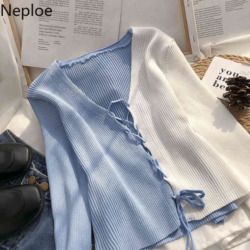 Neploe Korean V-neck Cardigan Tops Short Knitted Sweaters Women Thin Cardigan Fashion Patchwork Bandage Crop Top Ropa Mujer 210422