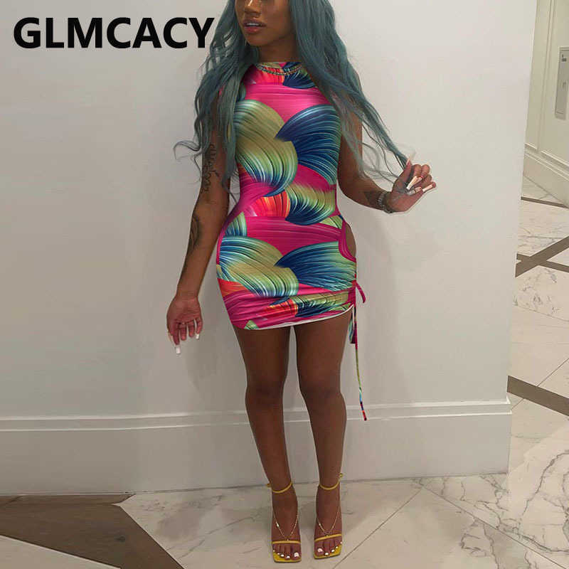 4 Colors Women Printed Sleeveless Bodycon Pleated Mini Dress 210702