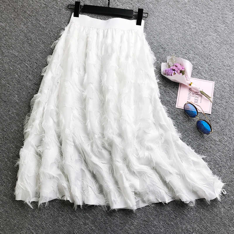 Spring Women Pleated Skirts Fashion Feather tassel High Waisted Elastic Casual Party Skirt 210607