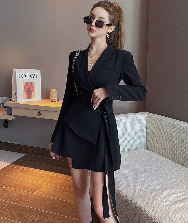 Spring Blazer Women Mini Party Dress Office Lady Elegant Female Korean Sashes Long Sleeve Slim Vestidos 210519