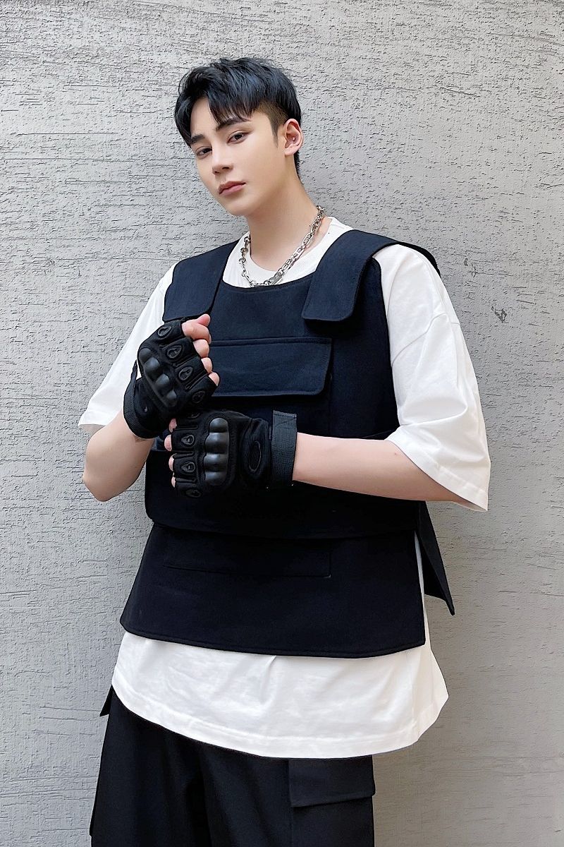 IEFB Personality Trend Pasted Function Tactics Versatile Vest Sleeveless Black Waistcoat Causal All-match Tops 9Y6836 210524