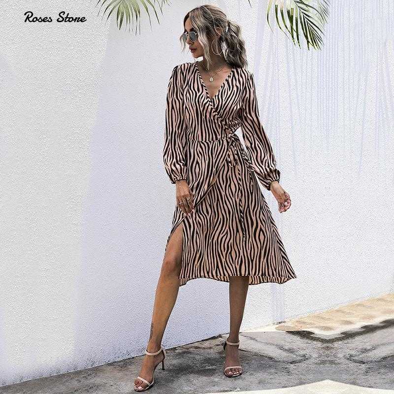 Arrival Fashion Women Dresses Long Sleeve Wrap Fall Clothes Office Elegant Midi Frocks for Ladies Spring Zebra Stripes 210630