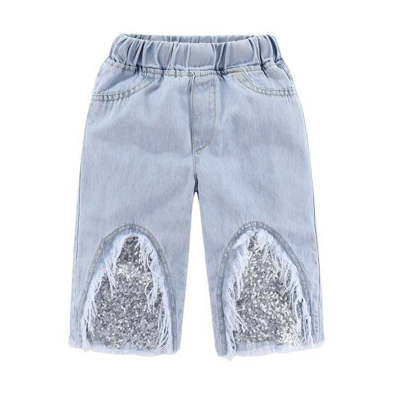 Mudkingdom Sparkly Sequin Girls Crop Jeans Fashion Wide Leg for Girl Summer Clothes Elastic Waist Toddler Cropped Denim Pants 210615