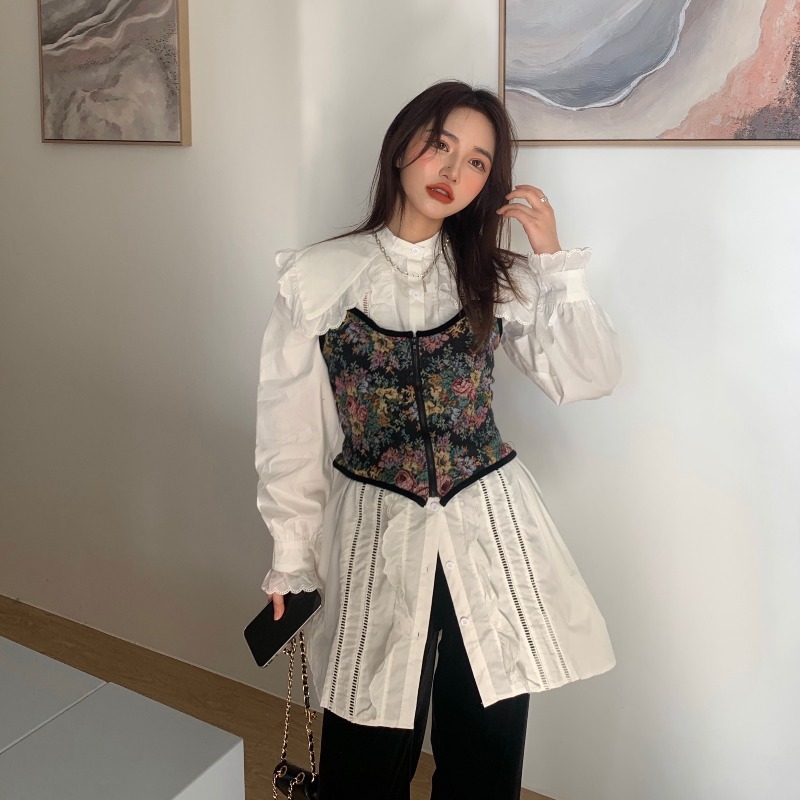 Loose Fungus Puff Long Sleeve White Big Lapel Shirts Dress Women Mini Ruffles Sexy Floral Embroidery Camisole Jacquard Tops Sets 210429