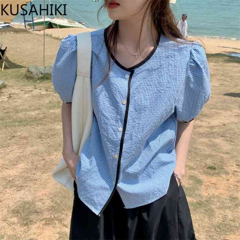 Korean Plaid Shirt Puff Sleeve Singe Breasted O-neck Blusas Causal Summer Sweer Blouse Tops 6H438 210603