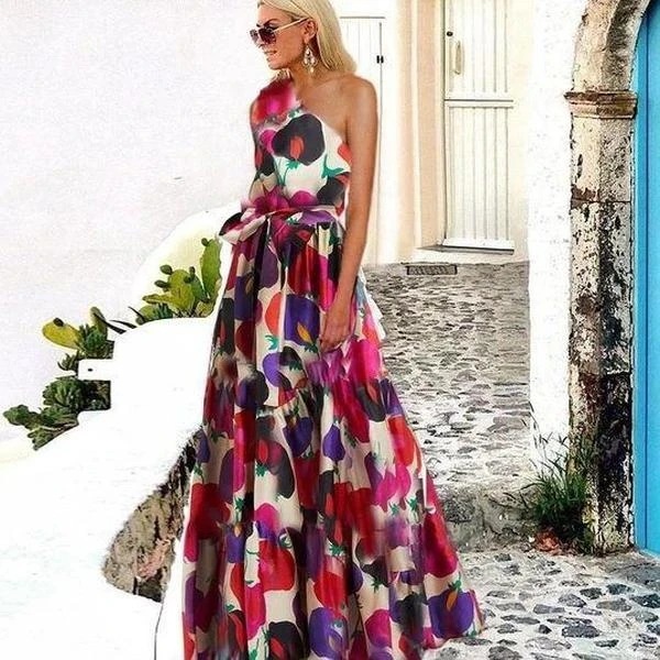 Women Dress Irregular Off Shoulder Print Dresses Plus Size Long Asymmetry Vintage Sexy Flowers Clothes 210524