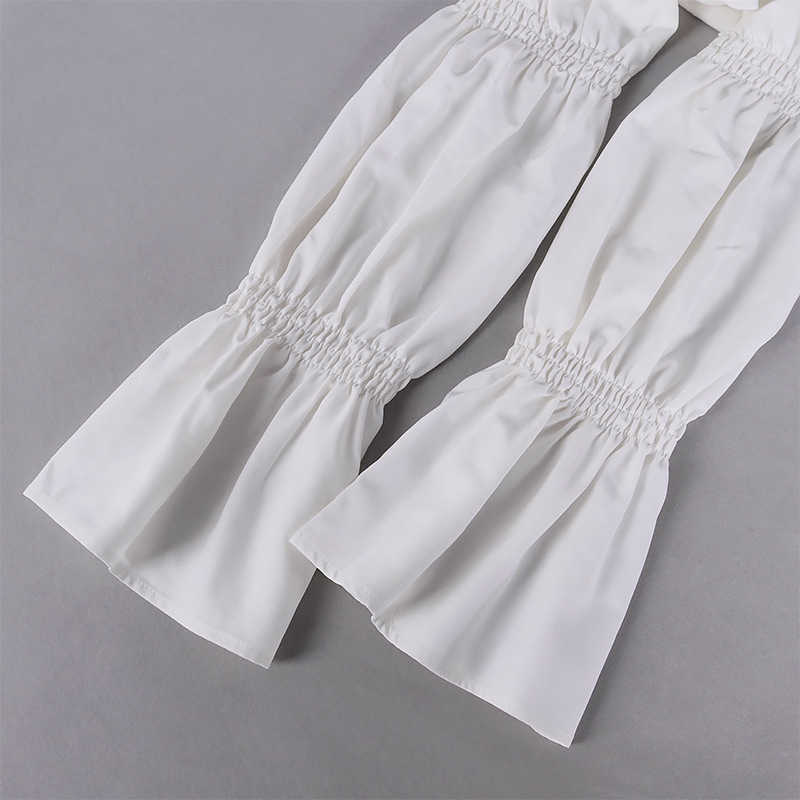 DEAT Women Puff Sleeve Hollow Out Open Back Buttocks Dress Solid Color Deep V-neck Sexy Fashion Spring Summer 11B597 210709