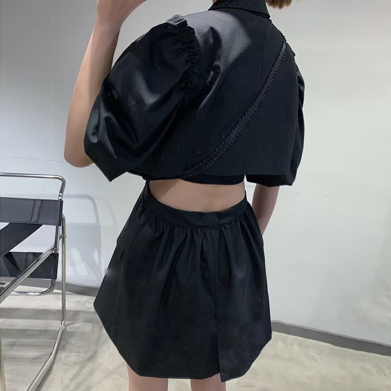 Black Patchwork Pearl Blazer Dress For Women Notched Short Sleeve Hollow Out Mini Dresses Female Fashion 210520