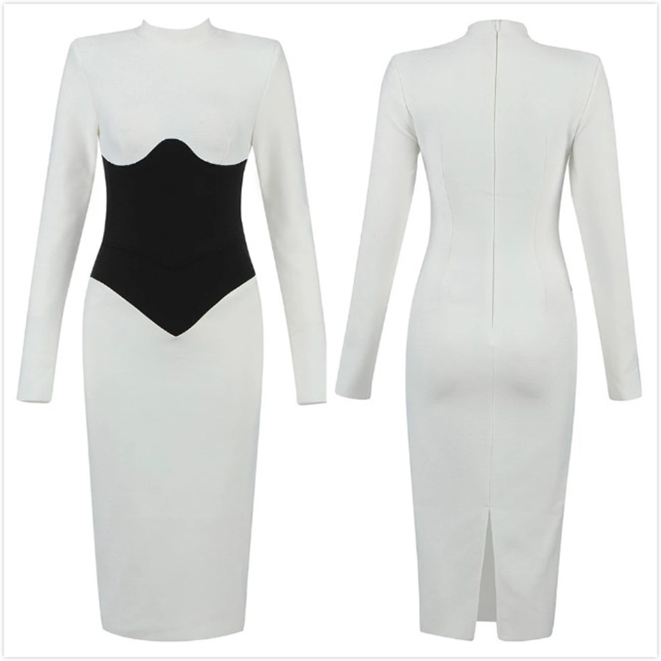 Free Autumn Elegant Women's Stand Collar Bandage Dress Long Sleeve Chic Contrasting Color Bodycon Club Party 210524