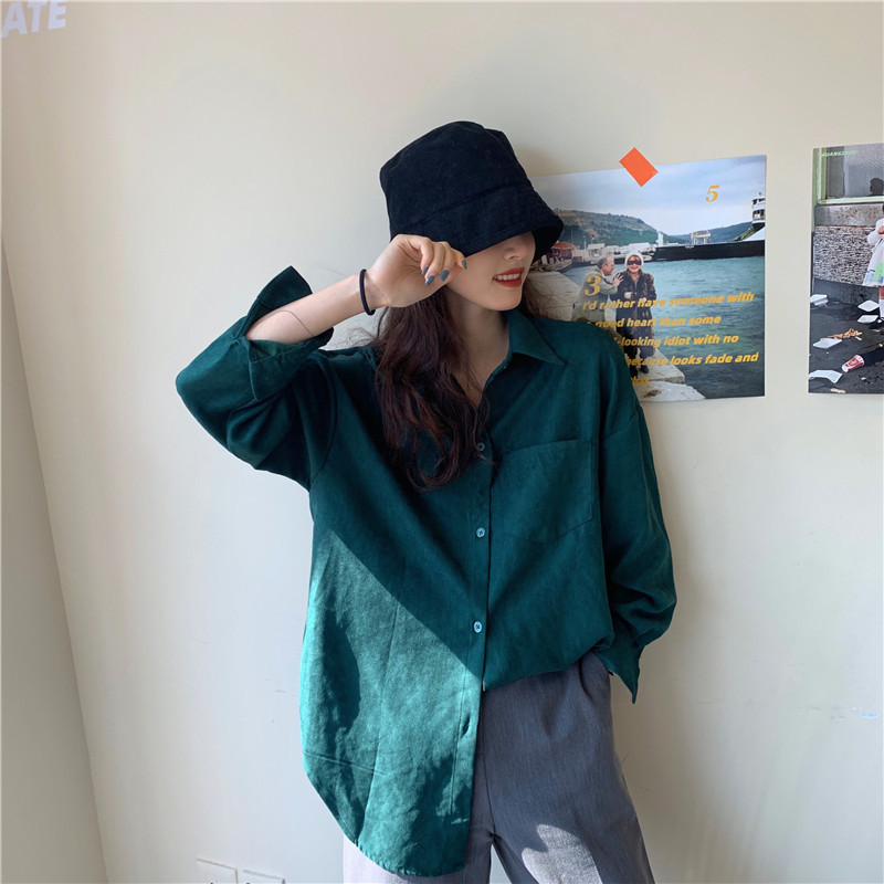 OL Shirt Women Long Sleeve Lapel Loose Fashion Solid Green Tops Casual Blouse Work Shirts Blusas Mujer De Moda 210421