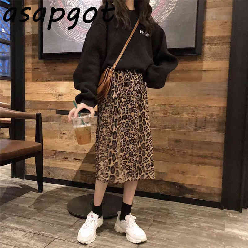 Retro Elastic Waist Side Split Leopard Skirt Women Autumn A Line Slim Faldas Mujer Moda Chic High Street Fashion Temperament 210429