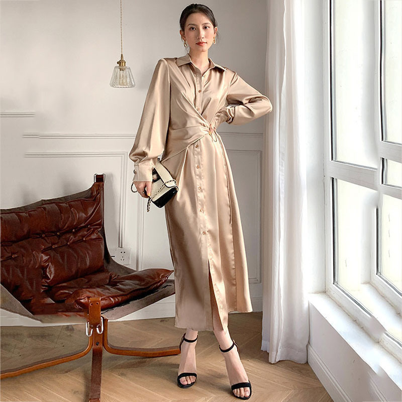 [EAM] Women Champagne Silky Sashes Elegant Slim Dress Lapel Long Sleeve Loose Fit Fashion Spring Autumn 1DD7317 21512
