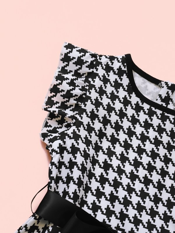 Toddler Girls Ruffle Trim Belted Houndstooth Dress SHE