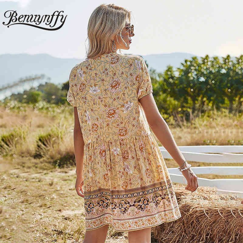 Tie Neck Button Front Boho Holiday Style Floral Print Dresses Women Summer Casual Straight Mini Dress Female 210510