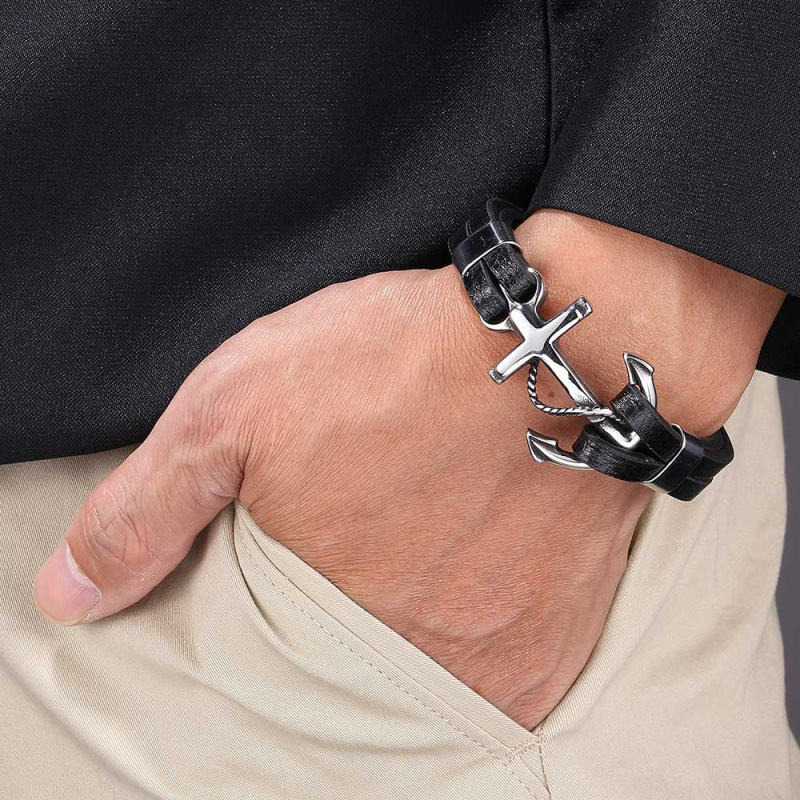 New Fashion High Quality Black Leather Stainless Steel Anchor Charm Bracelet for Men Gift
New Fashion High Quality Black Leather Stainless Steel Anchor Charm Bracelet for Men Gift