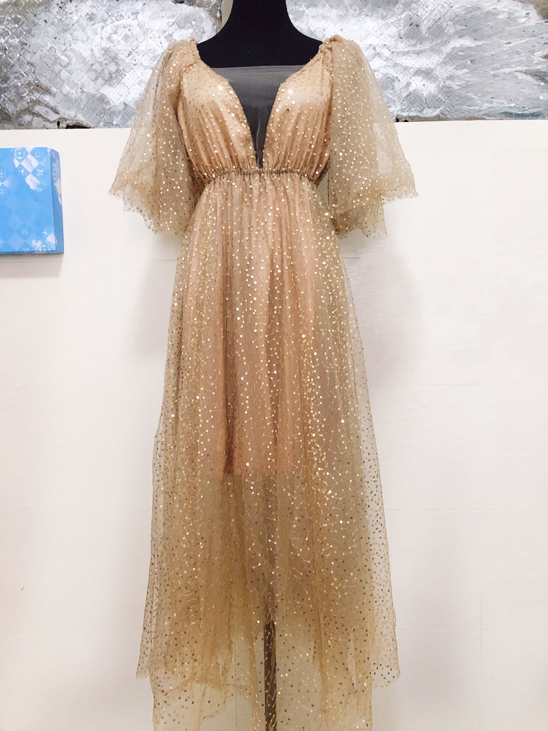 vintage sequined v-neck party A-line mesh dress short butterfly sleeve spring summer dinner dresses vestidos chic paris 210421