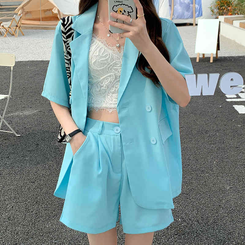Summer Fashion Short Sleeve Blazer 2 Piece Set Korean Loose Casual Jacket Thin Elastic High Waist Shorts Suits Women Outfits 210515