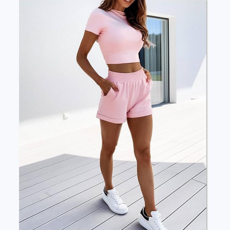 Summer Womens Set Fashion High Neck Short Sleeve Slim Crop Top Shorts Loose Solid Color Gym Sport Suit Shein Plus Size Women's Tracksuits