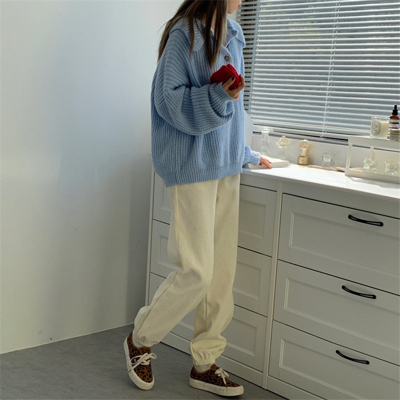Office Lady Corduroy Slim Retro Fashion High Waist Pants Solid Loose Casual Trousers Warm Chic Women Femme 210421