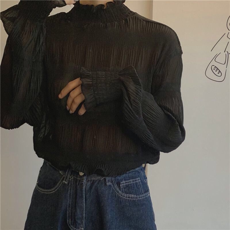 Women Chiffon Shirts Autumn Winter Half Turtleneck Long Sleeve Korean Pleated Bottoming Blouses Ladies Loose Thin Tops Plus Size 210522