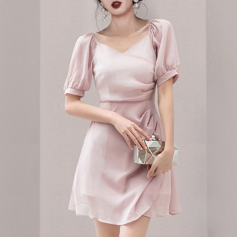 Women's Dress Summer Elegant V-Neck Puff Sleeve Chiffon Mini Dress Female Ruched Slim Waist A-Line Dress 210518