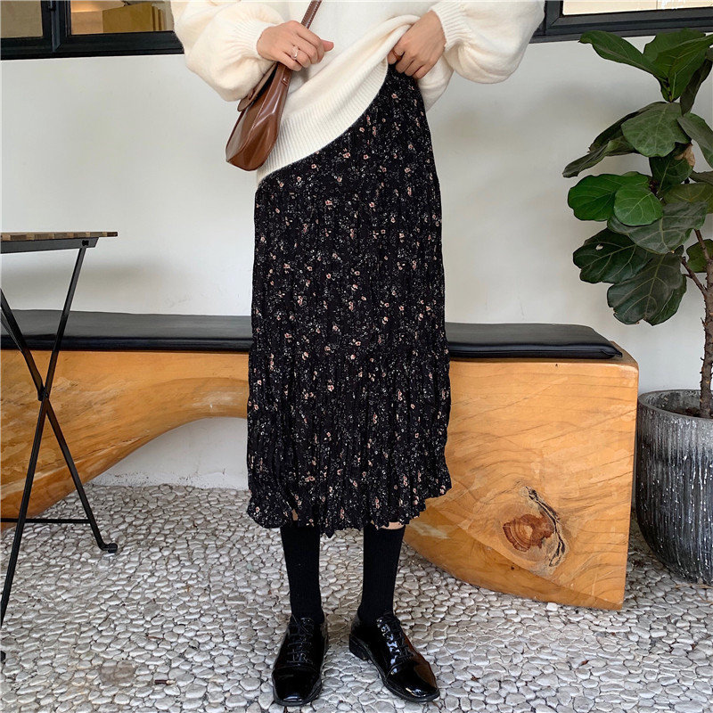 Sweet Chic Stylish Cute All-Match Print Long Thin Retro High Waist Floral Korean Autumn Winter Vintage Skirt 210421