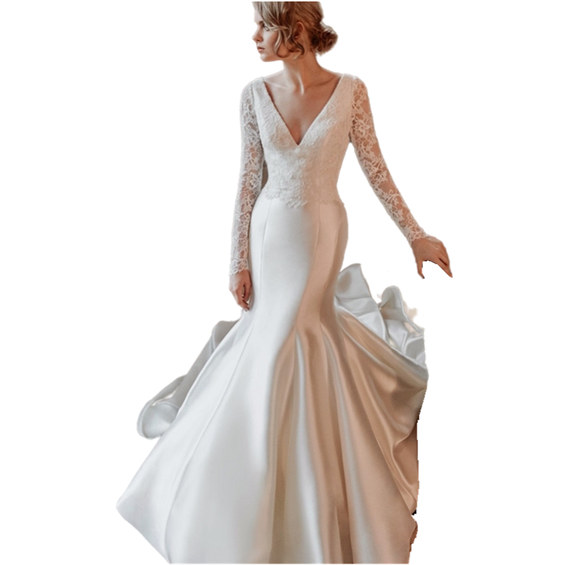 Vintage Deep V-Neck Mermaid Wedding Dresses Lace Full Sleeve Long Satin Bridal Dress Graceful Classic Formal Wedding Gowns For Bride 2022
