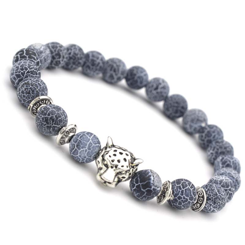 Black Natural Agate Strands Bracelet Antique Gold Silver Leopard Head Charm Bracelets