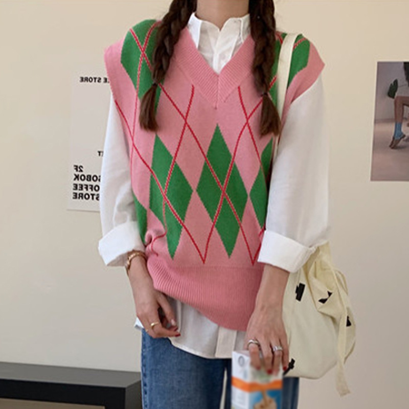 Argyle V Neck Knitted Patchwork Color Women Vest Sleeveless Loose Female Pullover Vests Autumn Ladies Sweet Sweaters Tops 210518, As picture
Argyle V Neck Knitted Patchwork Color Women Vest Sleeveless Loose Female Pullover Vests Autumn Ladies Sweet Sweaters Tops 210518, As picture
