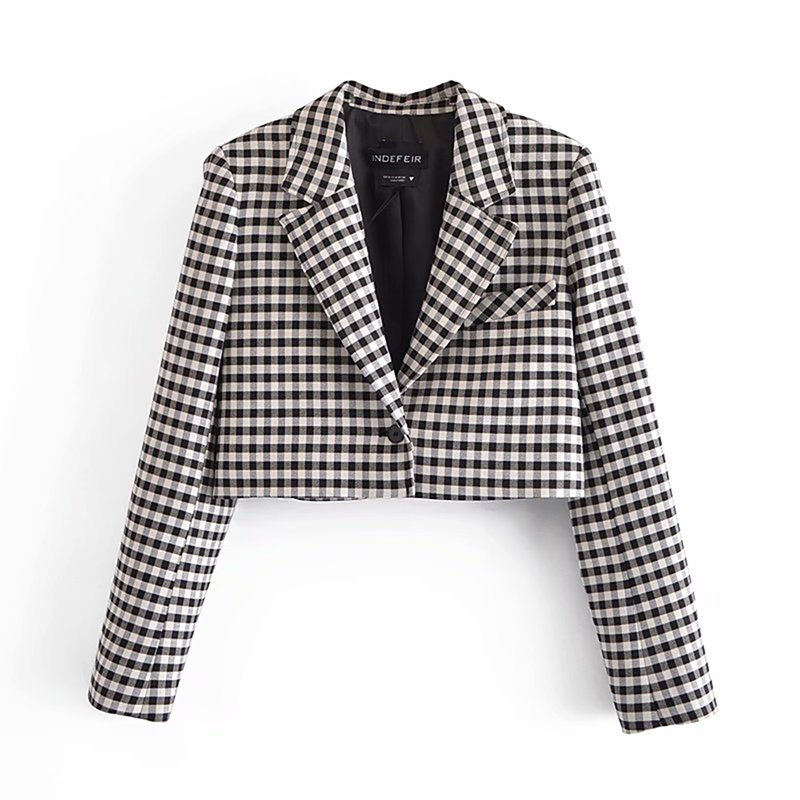 Women Black And White Plaid Cropped Top Blazer Single Button Elegant Chic Checked Suit Jacket Fashion Ladies Coat 210521