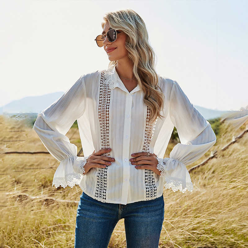 Women White Shirts Spring Summer Stand Neck Flare Long Sleeve Hollow Out Lace Patchwork Blouses Solid Ladies Elegant Shirt Tops 210526