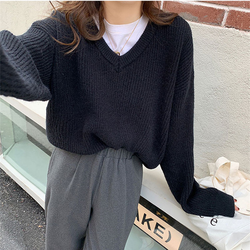 3Colors womens knitted Sweater Autumn and winter loose korean style female Loose V neck Sweaters and pullovers womens (X1716) 210423