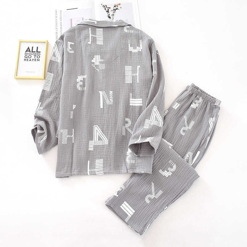 Japanese spring and autumn men's pajamas two-piece 100% cotton long-sleeved trousers simple letters loose home service set 211019