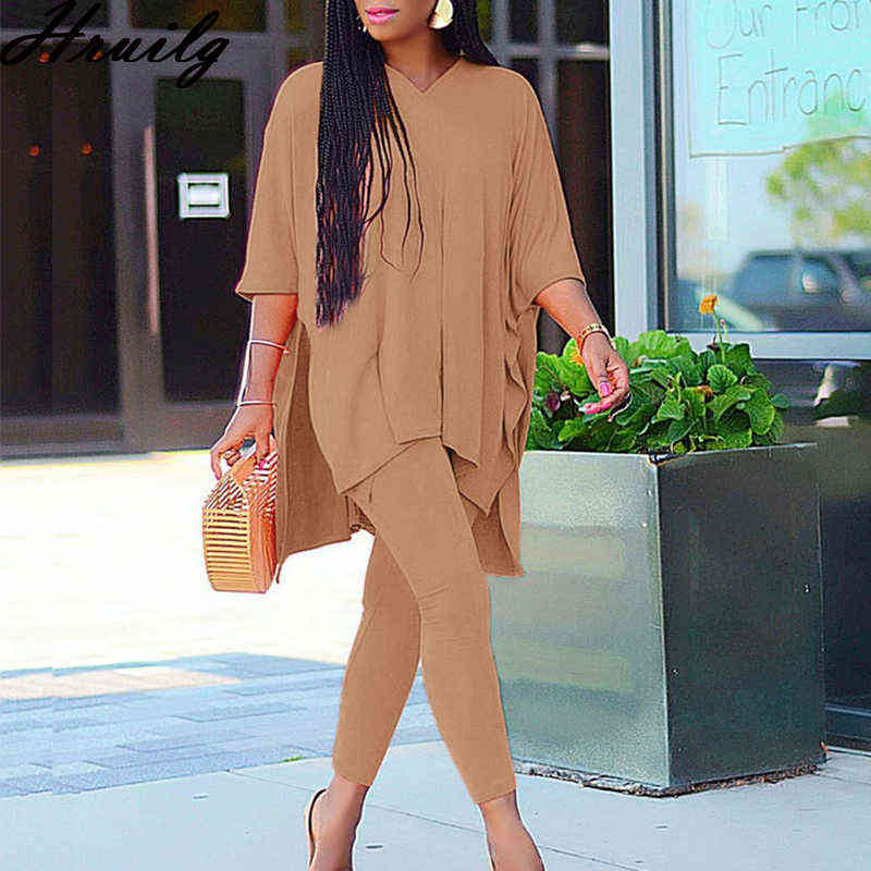 Fall Clothes for Women 2 Peice Sets Half Sleeve V Neck Oversize Tops Pencil Pants Set Solid Autumn Sweat Suits Fashion Outfits 211105