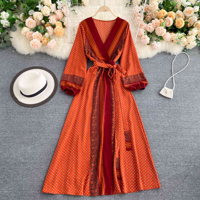 Spring Autumn Women Printed Long Dress Vintage Puff Long Sleeve High Waist A-Line Vestidos Female New Fashion Beach Robe 210409